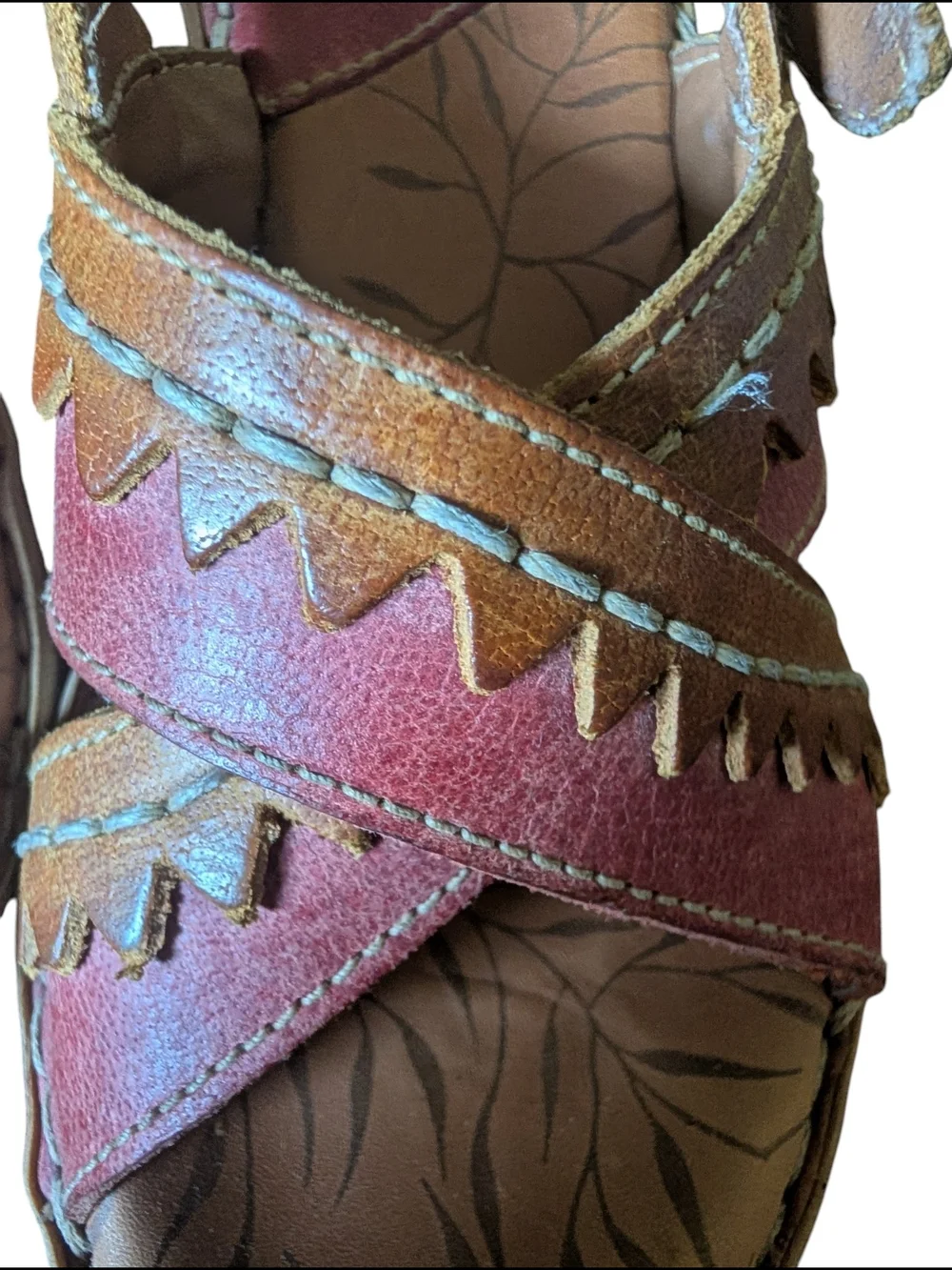 Tsonga leather wedge sandals featuring Red and tan multi-strap cross-over